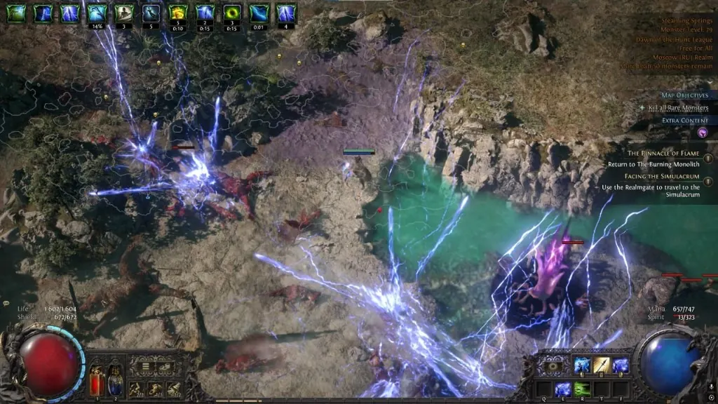 Map layout overlay on a Path of Exile hideout with map modifiers